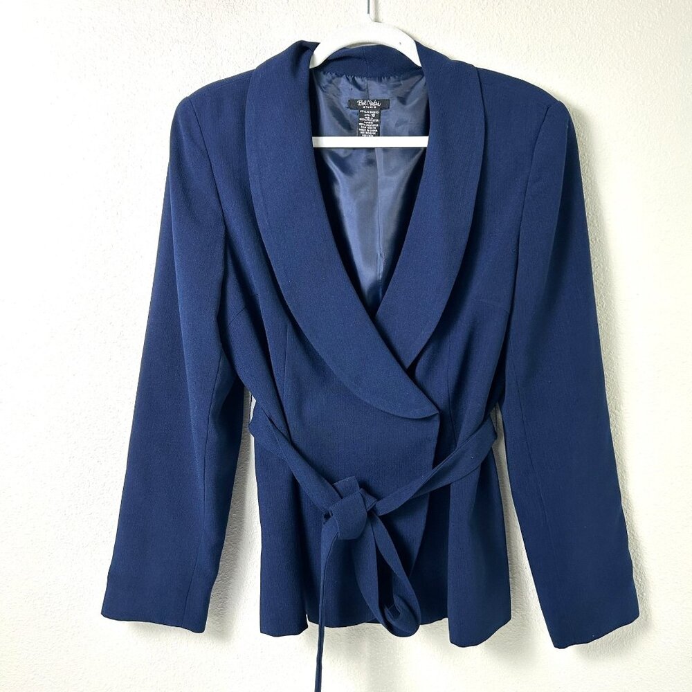 Bob Mackie Studio Blazer Jacket Size‎ 10 Navy Blue Snap Closure Tie Belt SM833